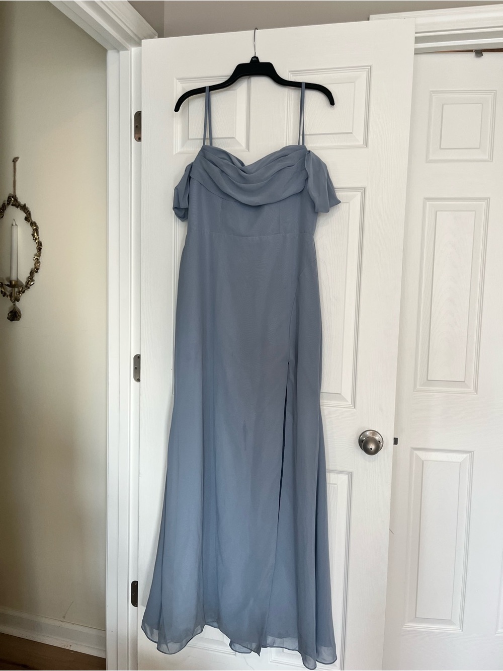 Azazie Dusty Blue Off-Shoulder Chiffon Maxi Dress